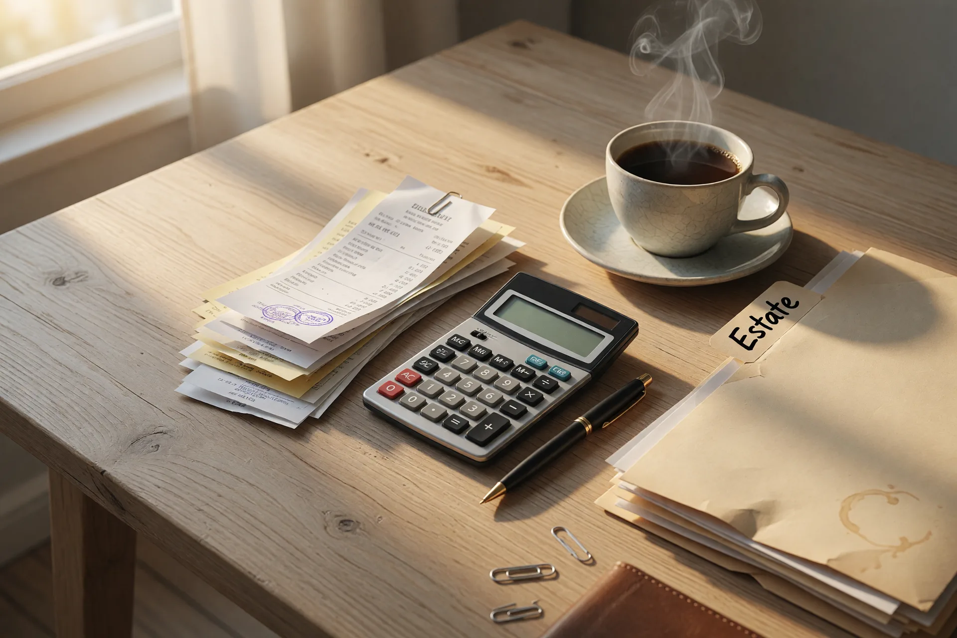 Organized expense receipts, a calculator, and an estate folder on a desk