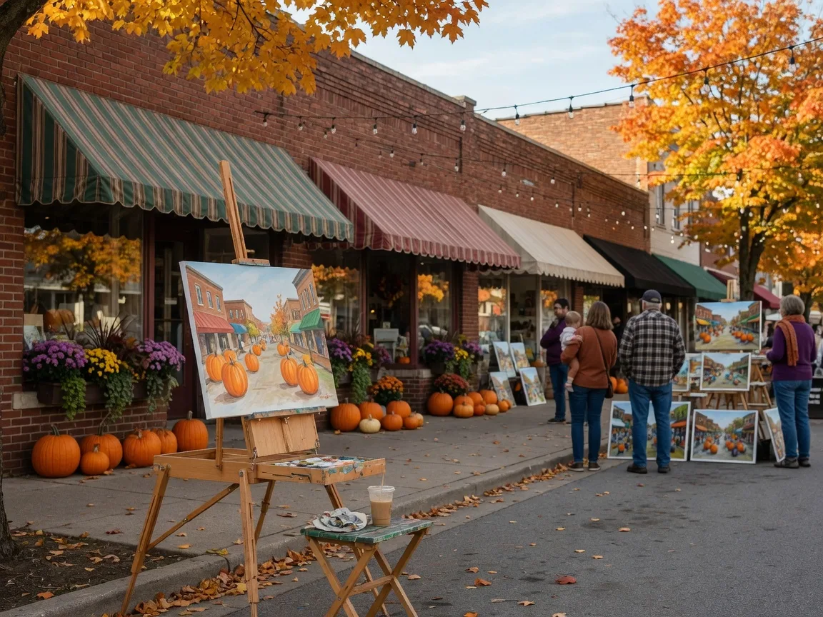 An artist painting at an easel on the curb of a brick main street in downtown Tipp City during a plein air street festival