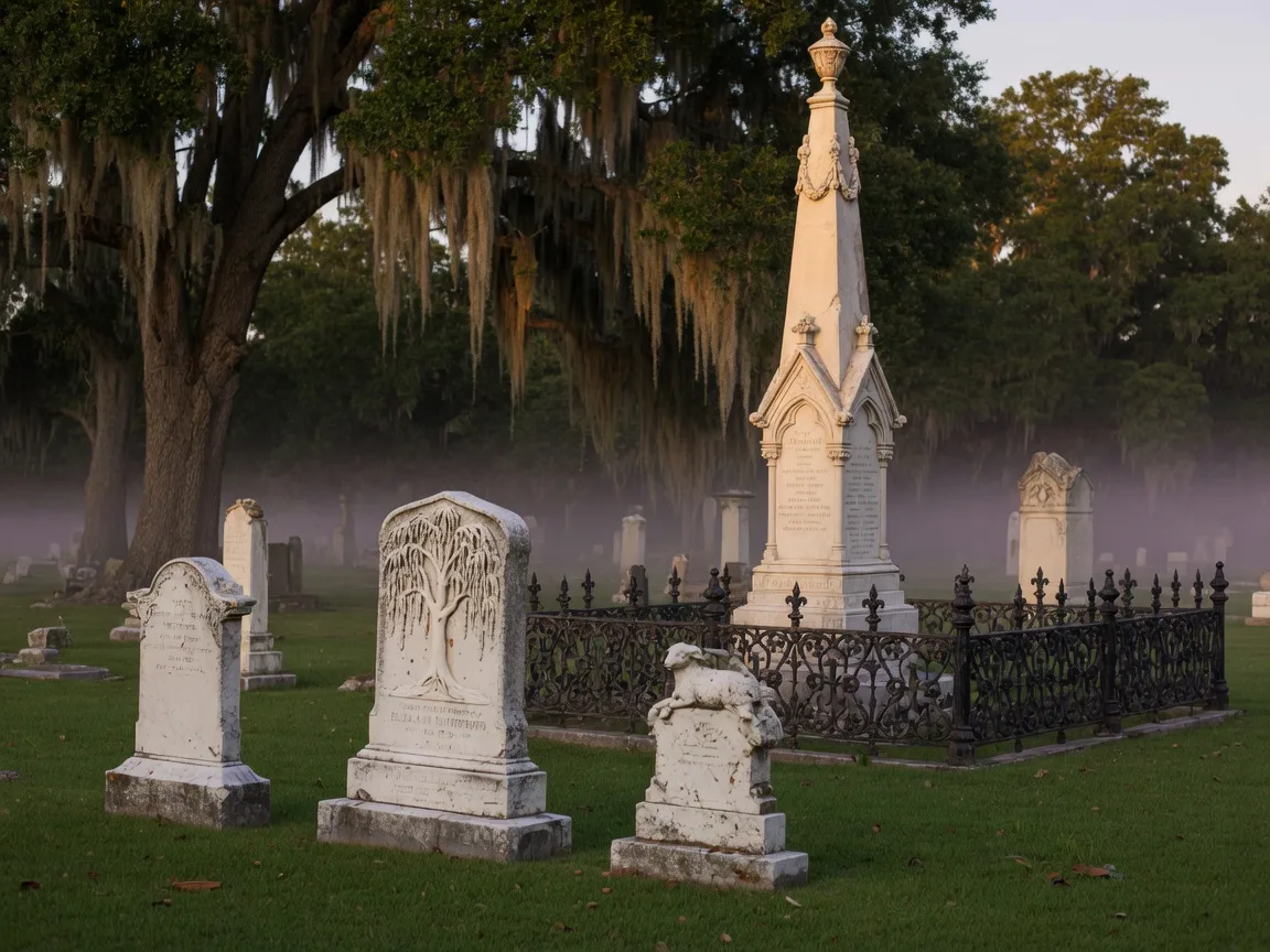 Weathered white marble Victorian headstones and a tall Gothic-revival monument in St. Michael's Cemetery at dusk, with live oaks draped in Spanish moss and cast-iron fencing.