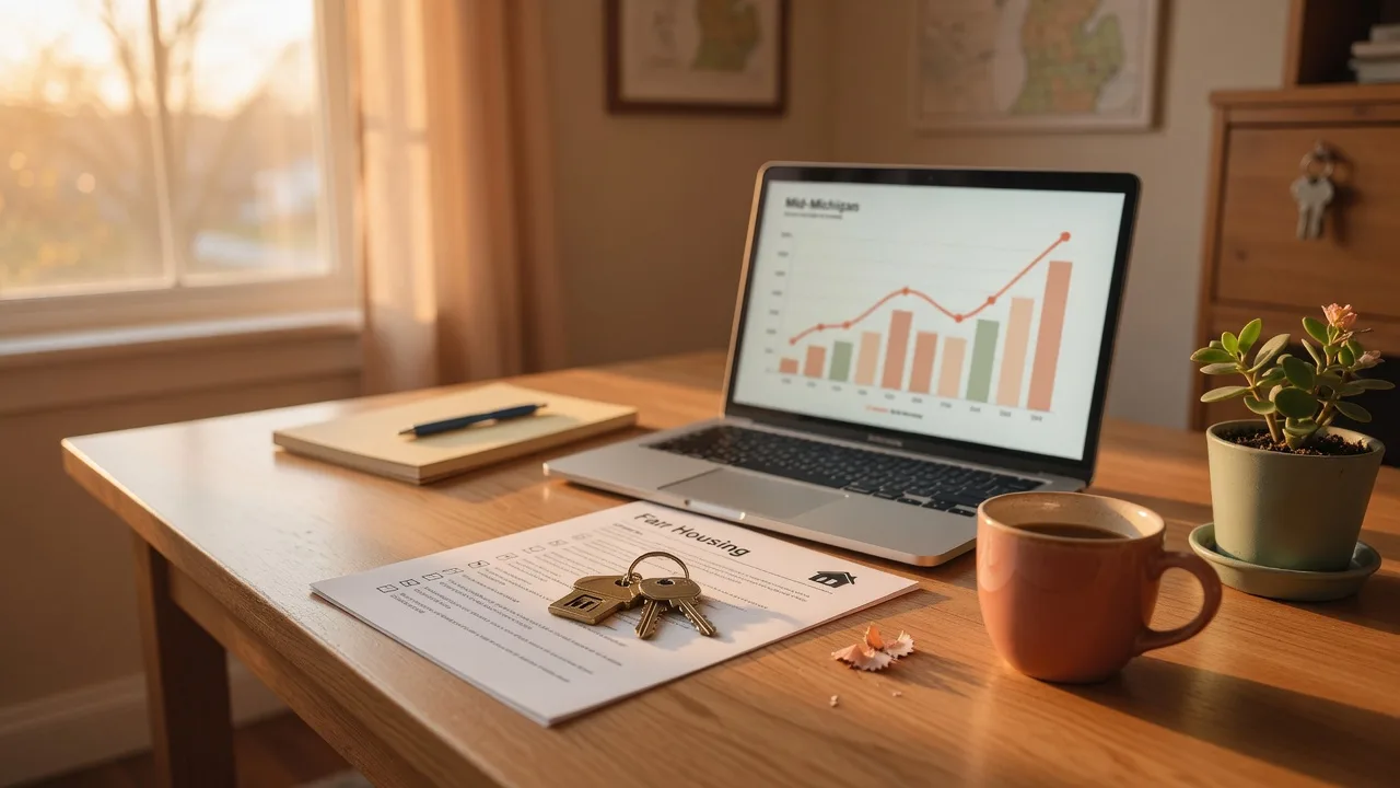 A warm real estate marketing workspace with a laptop showing an AI analytics dashboard beside a printed fair housing checklist and a house-shaped key ring