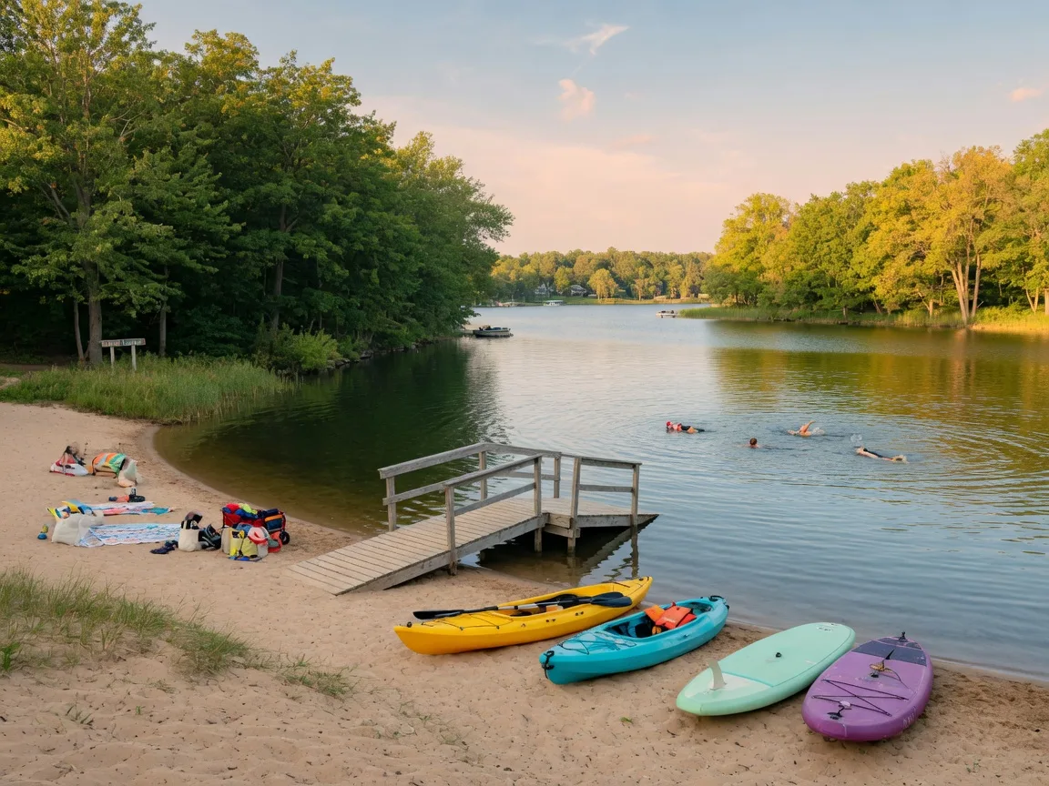 A calm lakefront near Fenton, Michigan with a sandy beach, a wooden kayak launch, and kayaks resting on the shore on a sunny afternoon