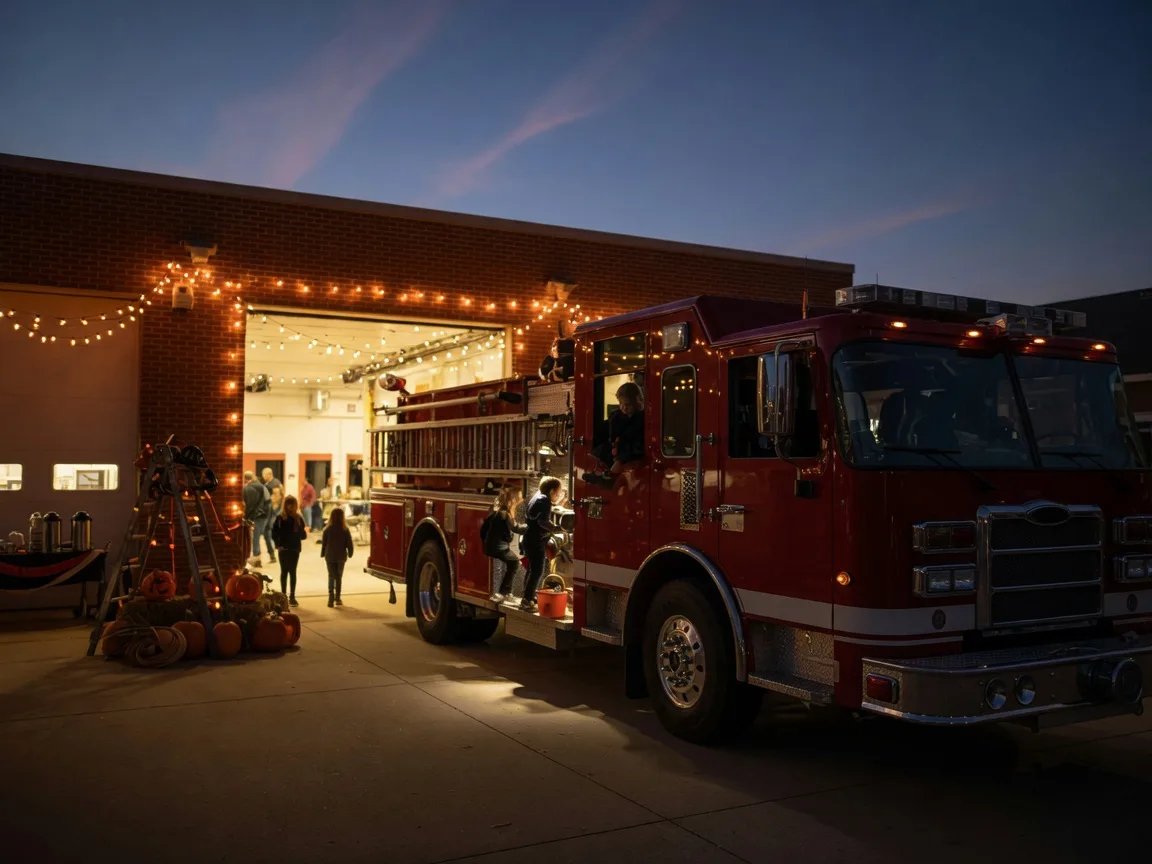 A red fire truck parked in front of the open bay doors of a brick Abington firehouse at dusk, warm floodlights and string lights glowing, children as distant silhouettes reaching toward the cab, pumpkins beside the bay