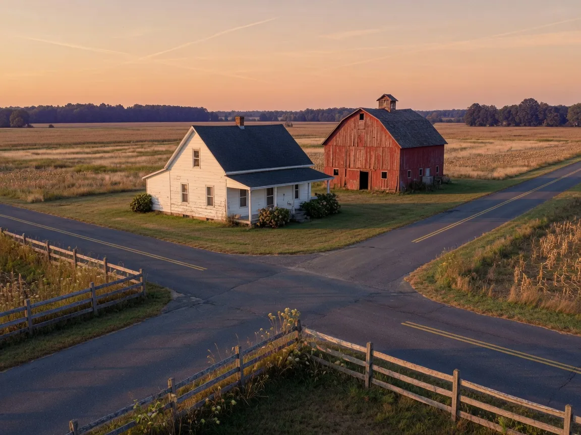 A historic country crossroads in rural South Jersey with a white farmhouse, weathered red barn, and split-rail fencing in warm afternoon light