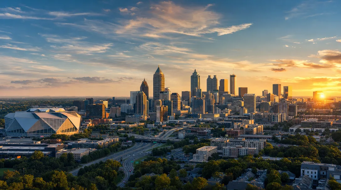 Atlanta skyline at golden hour with Bank of America Plaza and Mercedes-Benz Stadium silhouetted against a warm sunset