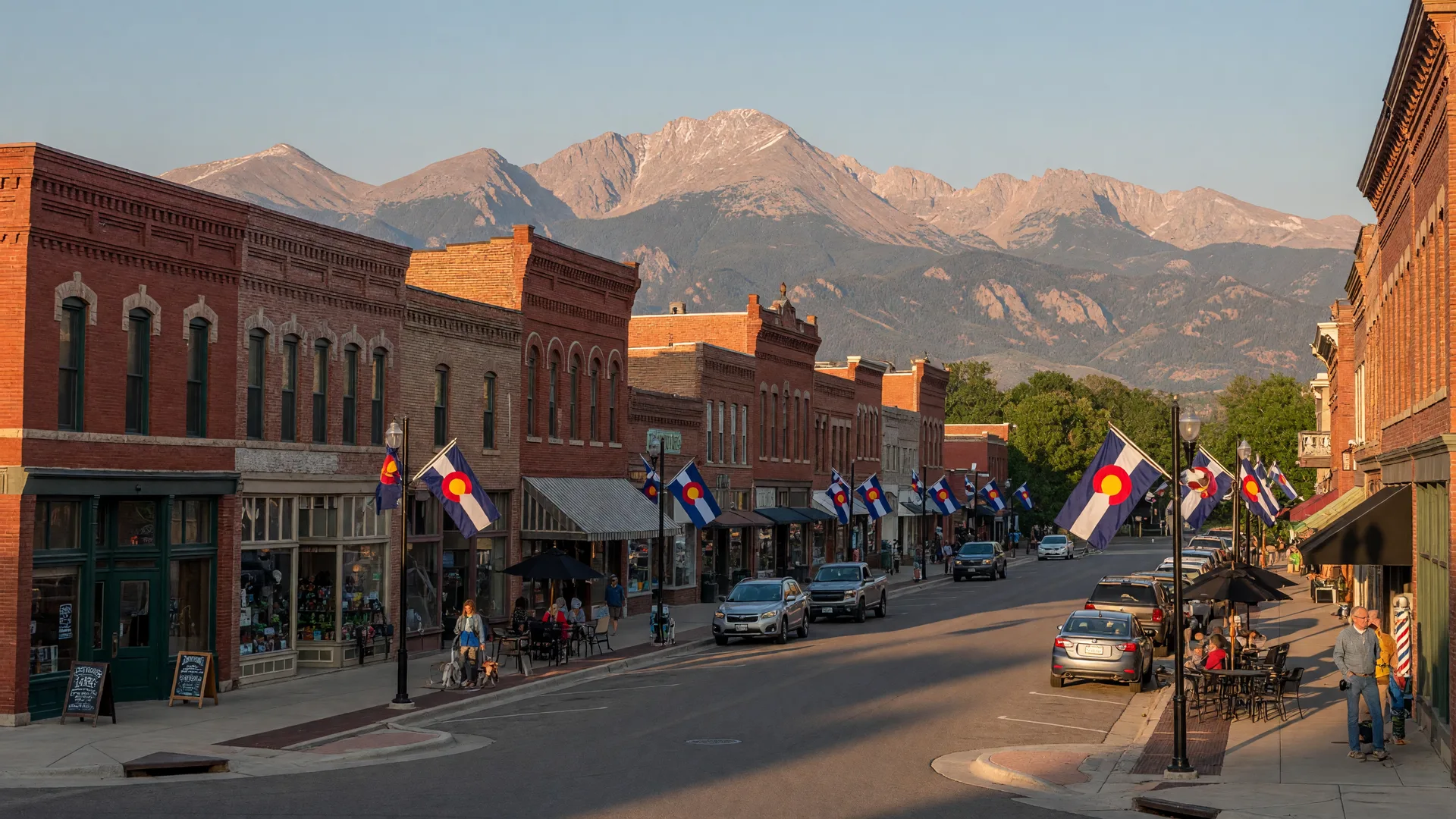 Historic Main Street Longmont with brick storefronts and Longs Peak mountain backdrop
