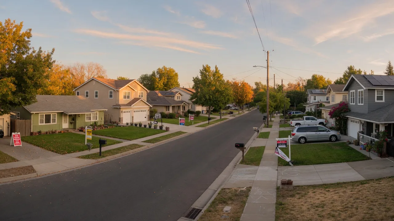 Tree-lined suburban Northern California neighborhood street with single-family homes