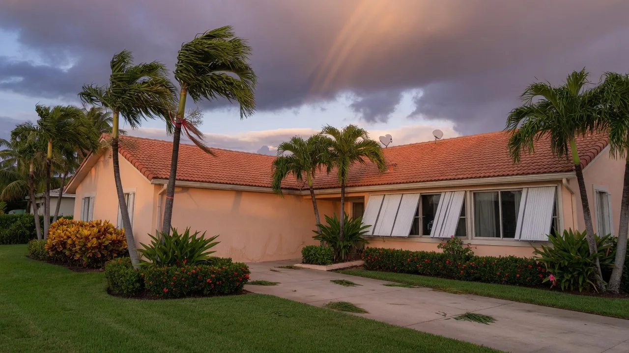 South Florida home with hurricane shutters deployed over the windows and storm clouds building over the roof in October