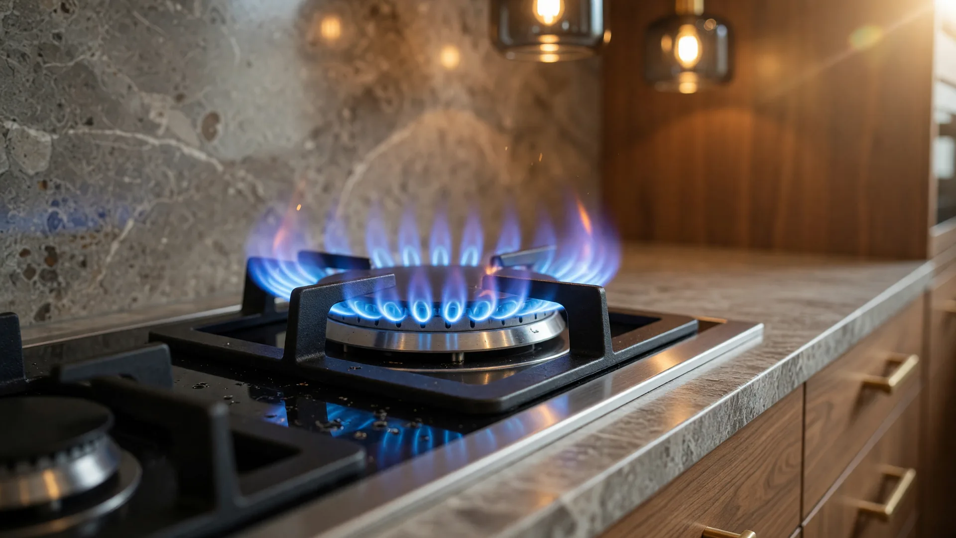 Modern natural gas stove burner with blue flame in an upscale kitchen