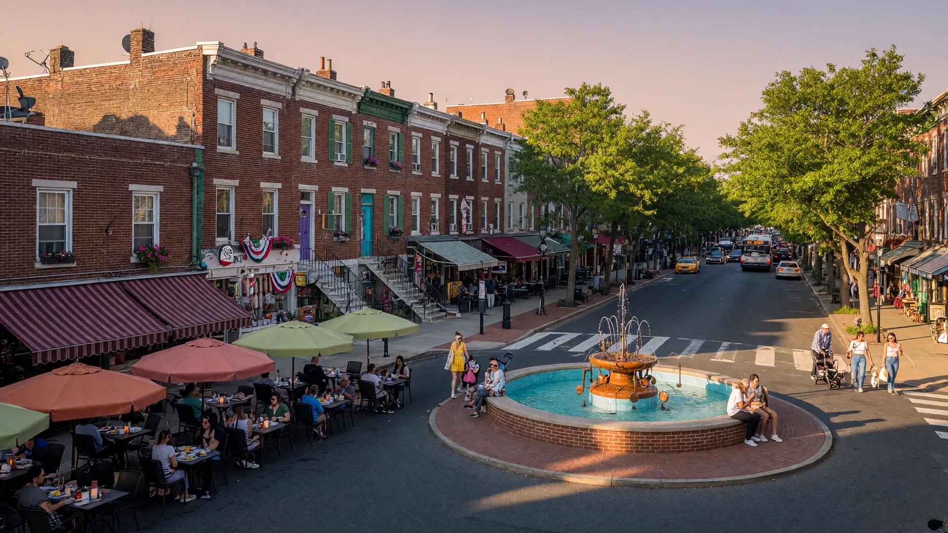 East Passyunk Avenue in Philadelphia with Singing Fountain, outdoor cafe seating, pedestrians, and historic storefronts at golden hour