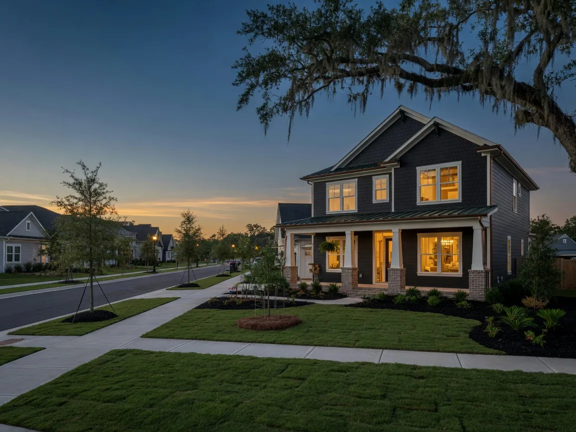 A brand-new craftsman-style home in a Summerville-area master-planned community at dusk, warm lights glowing from the windows