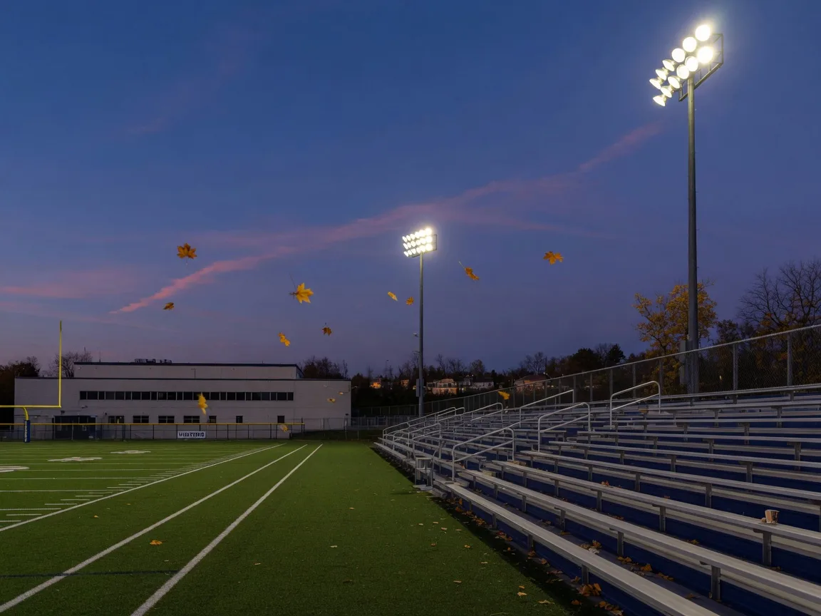 Stadium light towers glowing over turf and empty bleachers at a suburban Pennsylvania high school field on an October dusk