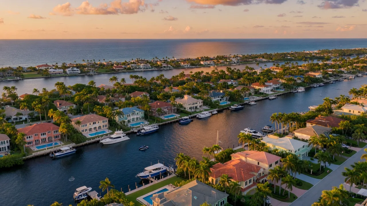Aerial view of South Florida coastal neighborhoods at golden hour with luxury homes, waterways, and the Atlantic Ocean