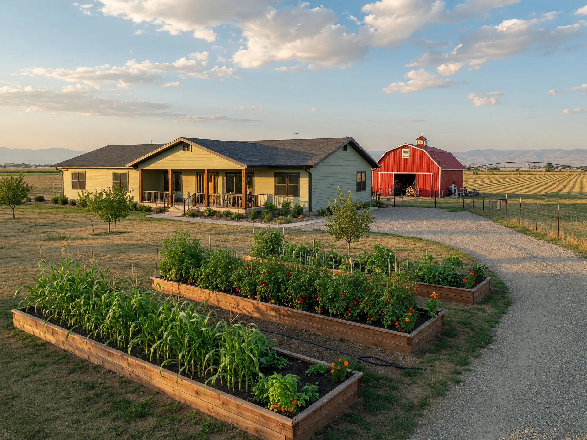 Large-lot home with garden beds at the edge of Meridian, Idaho with farmland beyond