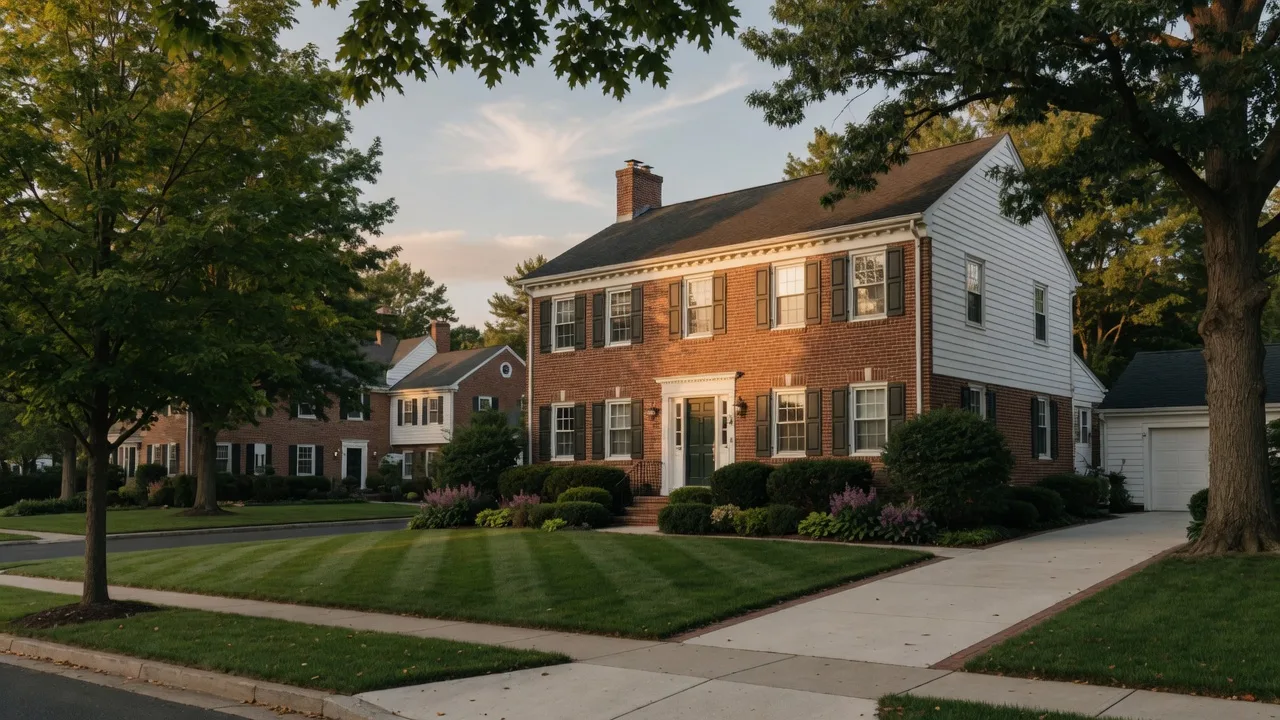 Colonial home on a tree-lined Cherry Hill street in late summer light