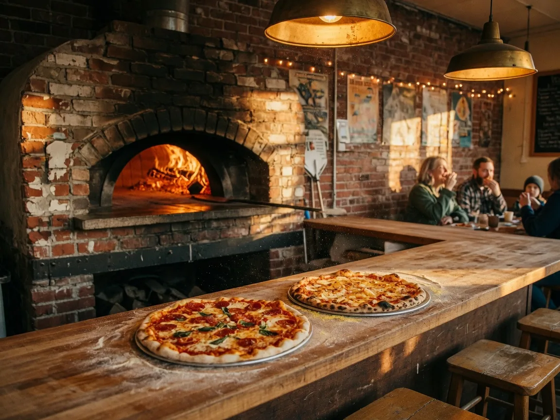 A wood-fired oven glowing in a Southeast Portland pizzeria with pizzas on a wooden counter