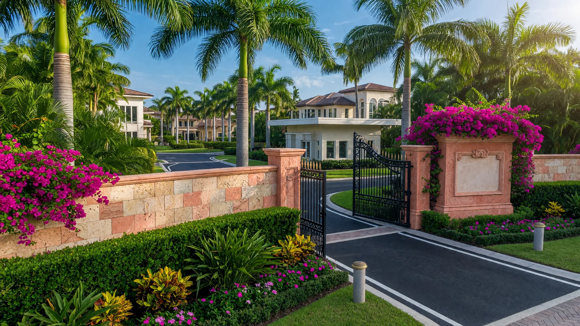 Entrance to an upscale gated community in Palm Beach County with stone walls, security gate, and tropical landscaping with palm trees.