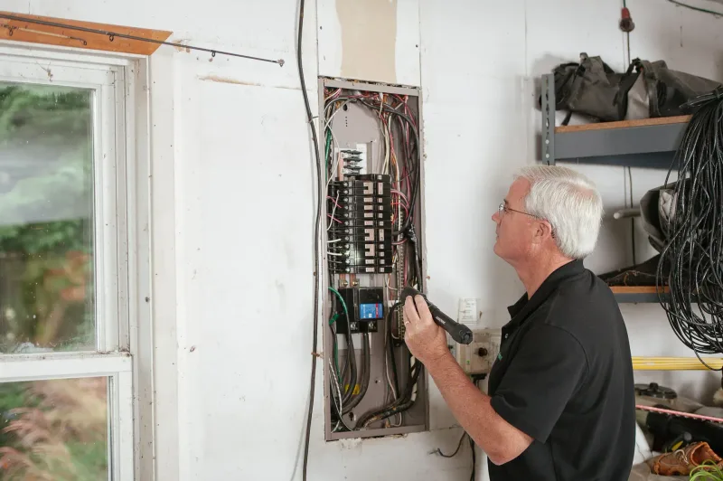 A professional inspector examining an open residential electrical panel with a flashlight