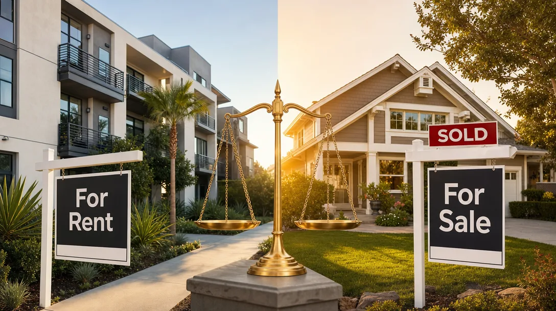 Split scene comparing rental and homeownership lifestyle options