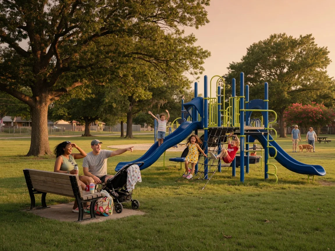 Families enjoying a sunny afternoon at a South Kansas City neighborhood park with children on the playground