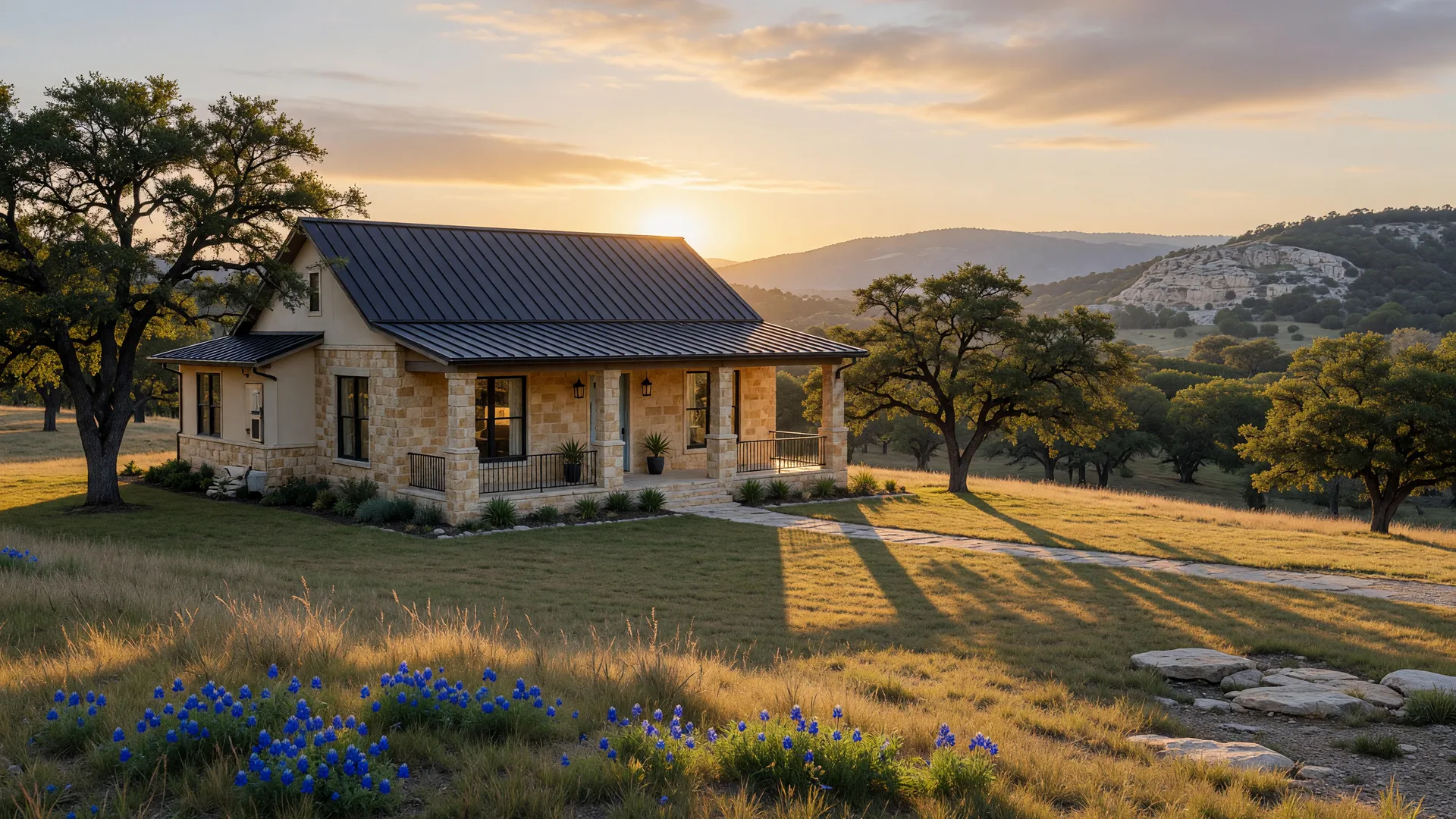 A single-story limestone and stucco Texas Hill Country home with a metal roof set among live oaks and native grasses at golden hour, with rolling oak-dotted hills beyond