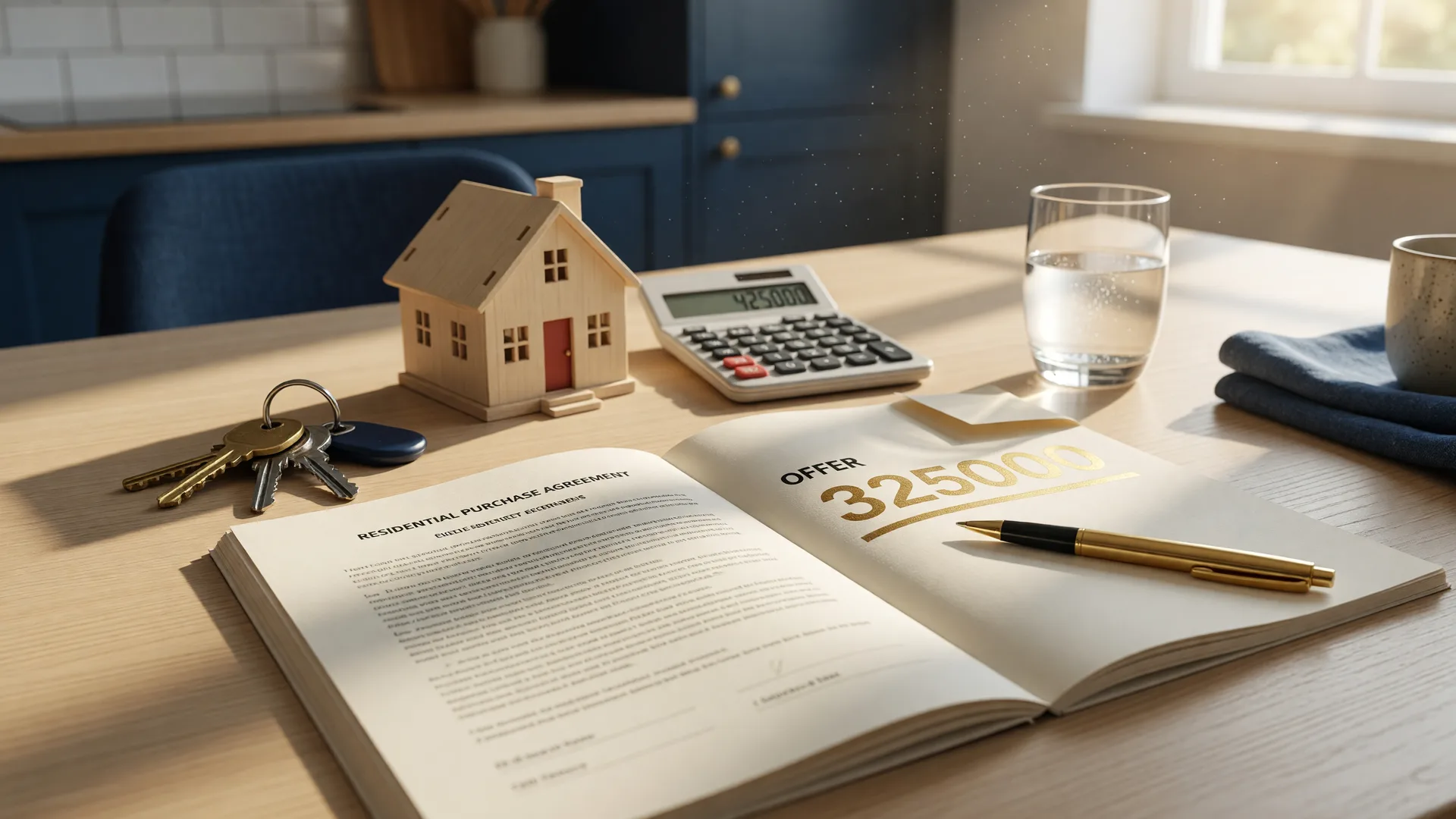 An open purchase agreement on a sunlit table with a gold pen, house keys, a wooden model home, and a calculator, representing the care a seller should take when evaluating an offer