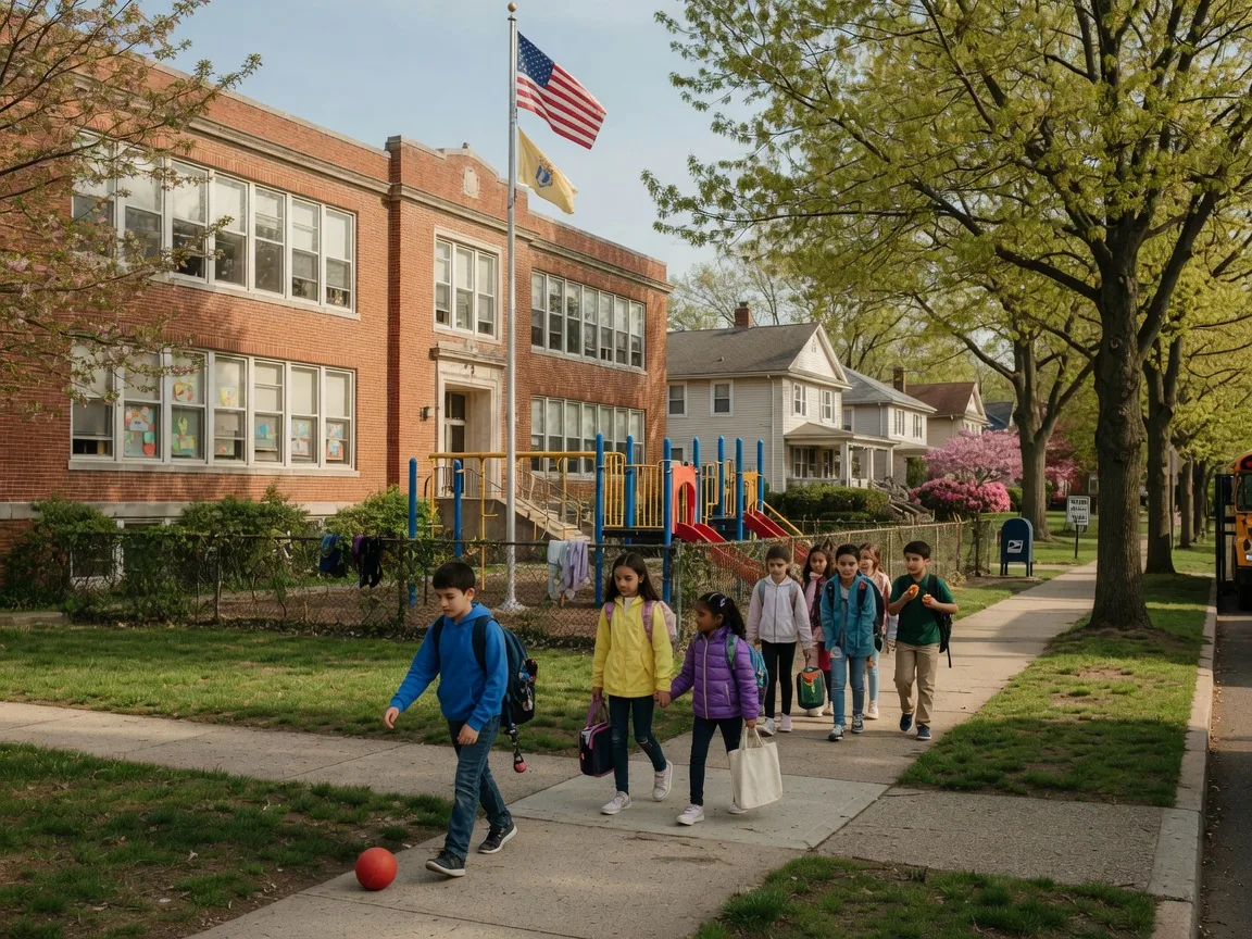 Family walking toward a yellow school bus on a sunny late-summer morning in a suburban New Jersey neighborhood