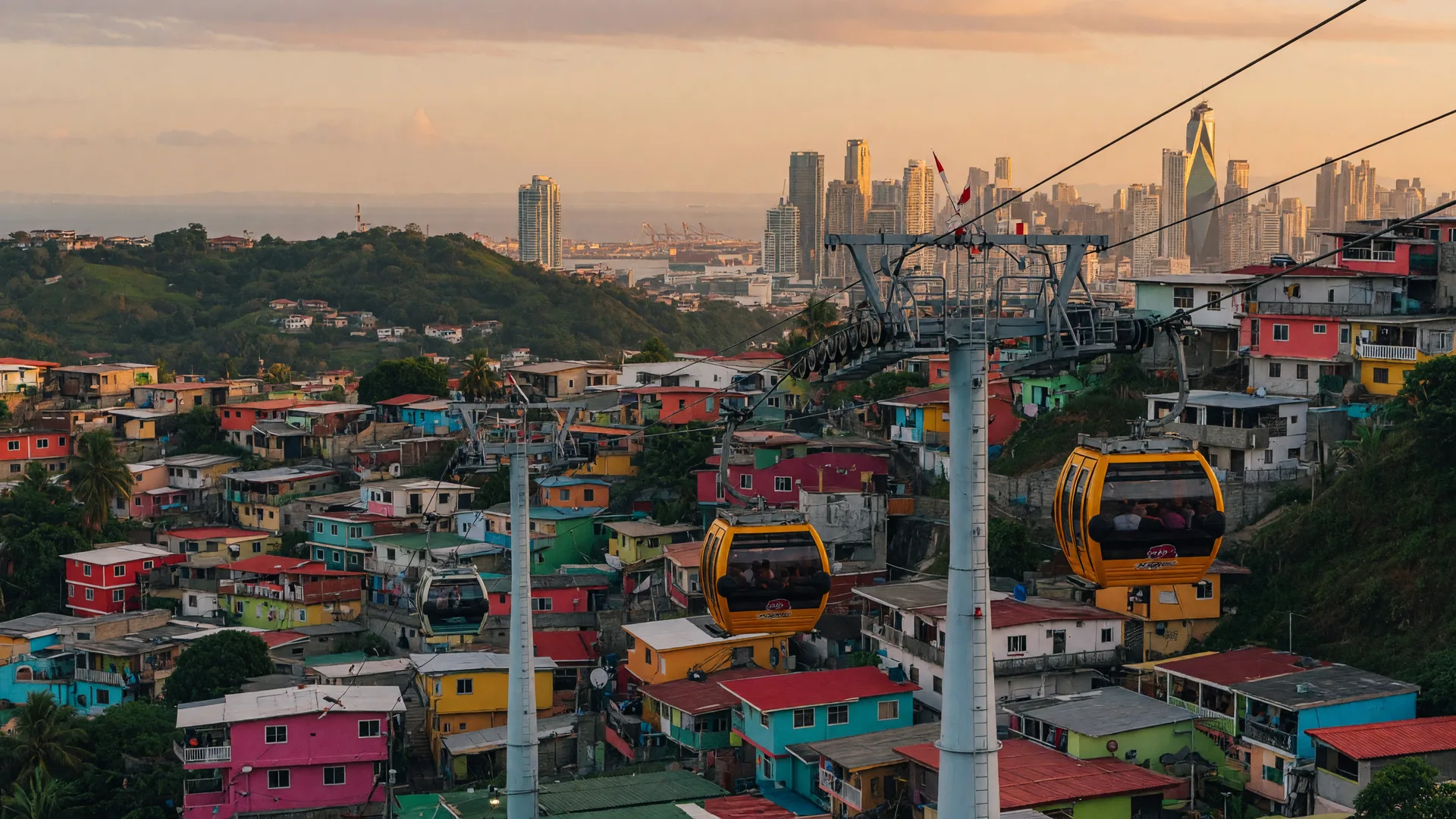 Aerial cable cars of the new San Miguelito line gliding along towers above the hillside rooftops of San Miguelito, Panama City, with the capital skyline on the coast in the distance at golden hour
