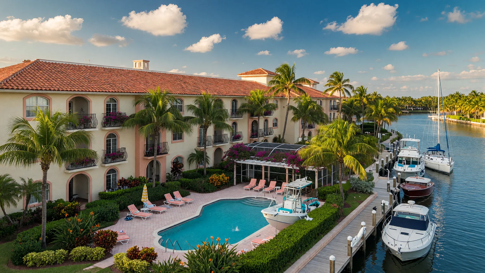Waterfront condo community on the Intracoastal Waterway in Palm Beach County with terracotta roofs, palm trees, swimming pool, and docked boats.