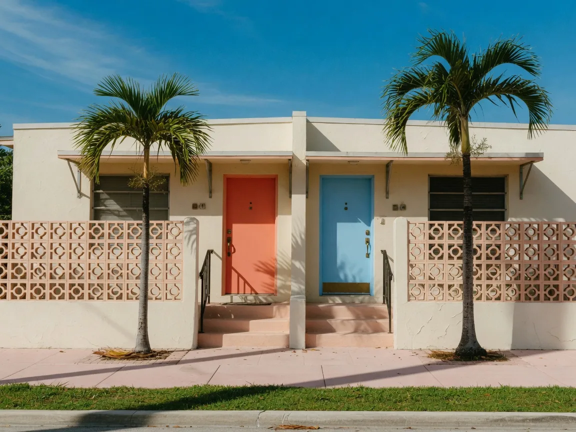 A mid-century duplex with two front doors, one coral and one sky-blue, under palms in bright midday sun