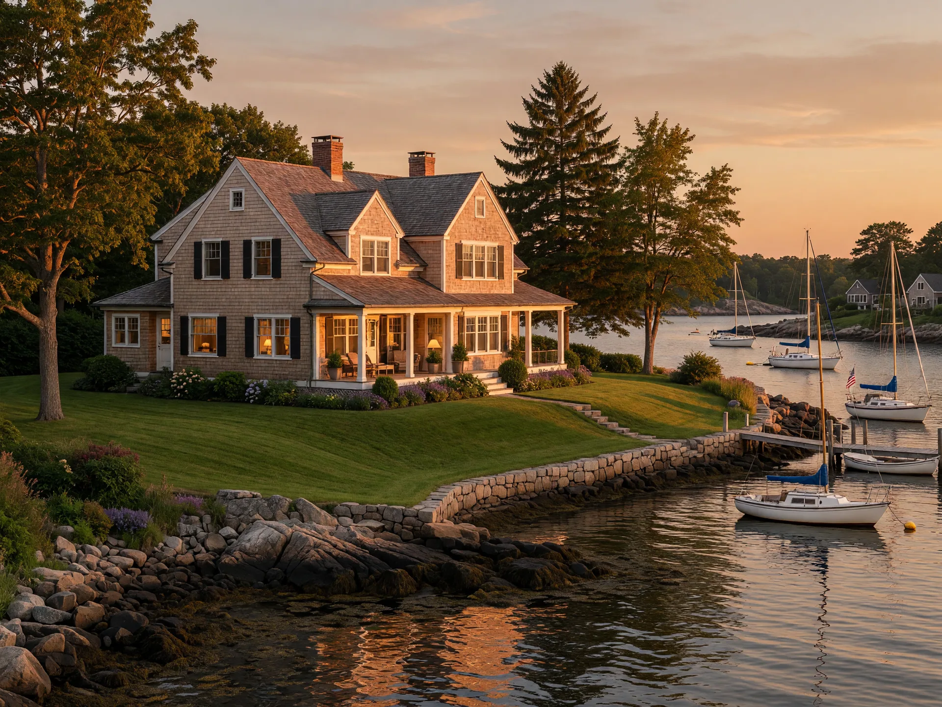 An elegant waterfront home on the North Shore at golden hour