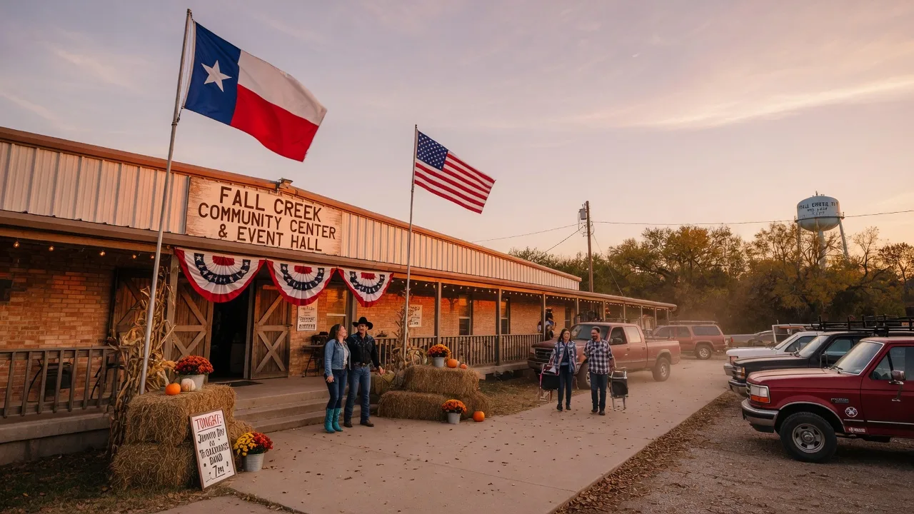 Rustic Texas community complex in fall with golden afternoon light, hay bales, and flags framing the entrance for a country concert