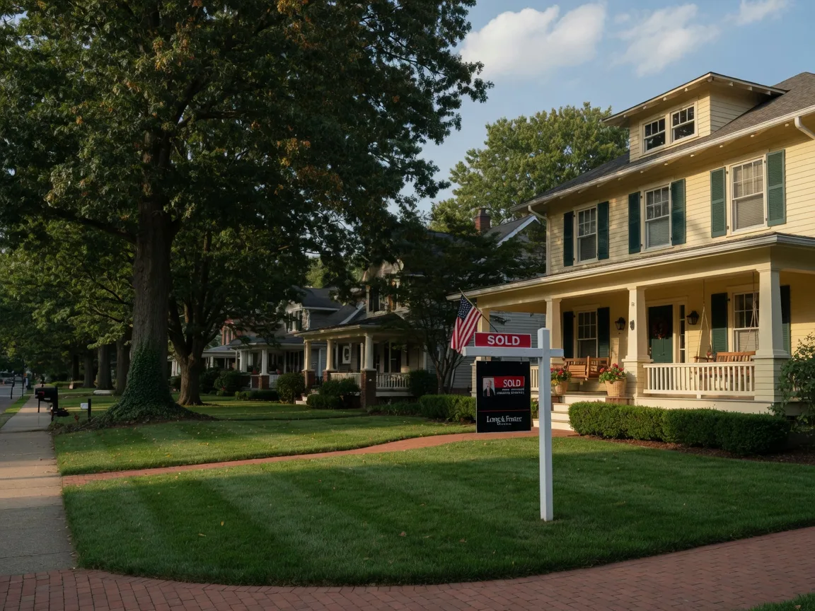 A 'Sold' sign in front of a well-maintained colonial home with a manicured lawn and mature trees in a tree-lined Prince William County neighborhood on a sunny late summer day