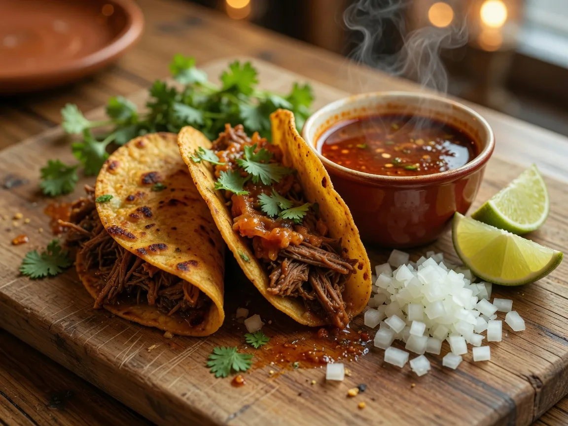 Crispy birria tacos with slow-braised beef served with a cup of rich consommé for dipping, lime wedges, cilantro, and onion
