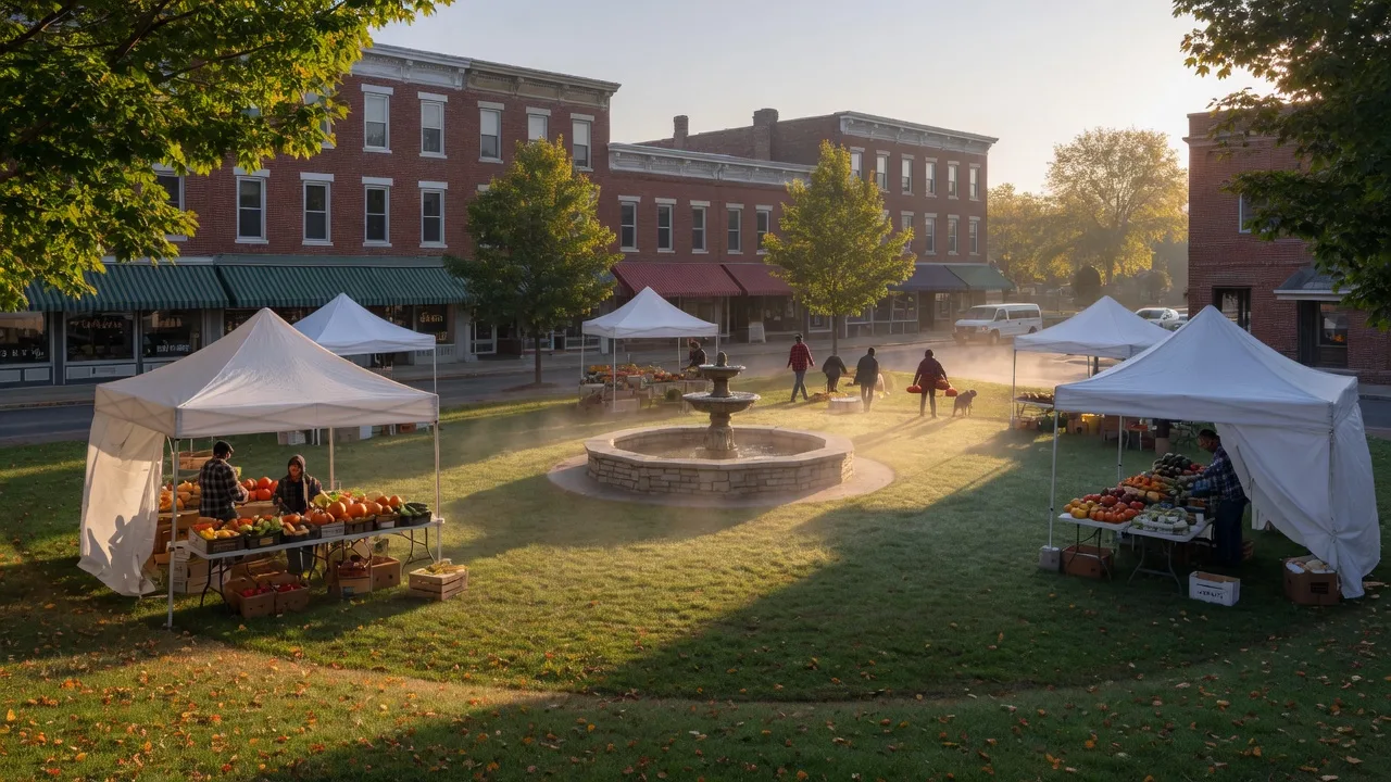 A small Pennsylvania town square with white market tents and early fall trees on a September morning