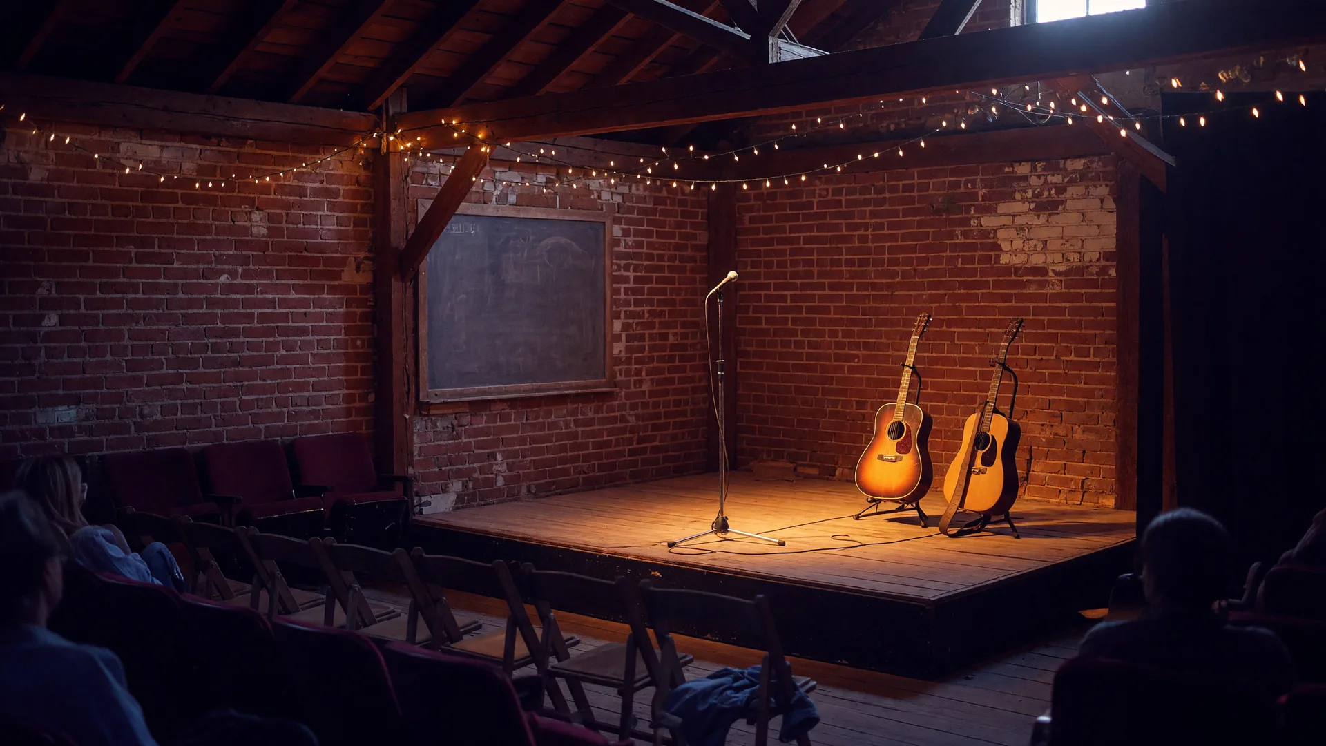 A low stage in a restored South Pasadena schoolhouse venue with a microphone and guitars under warm amber lights