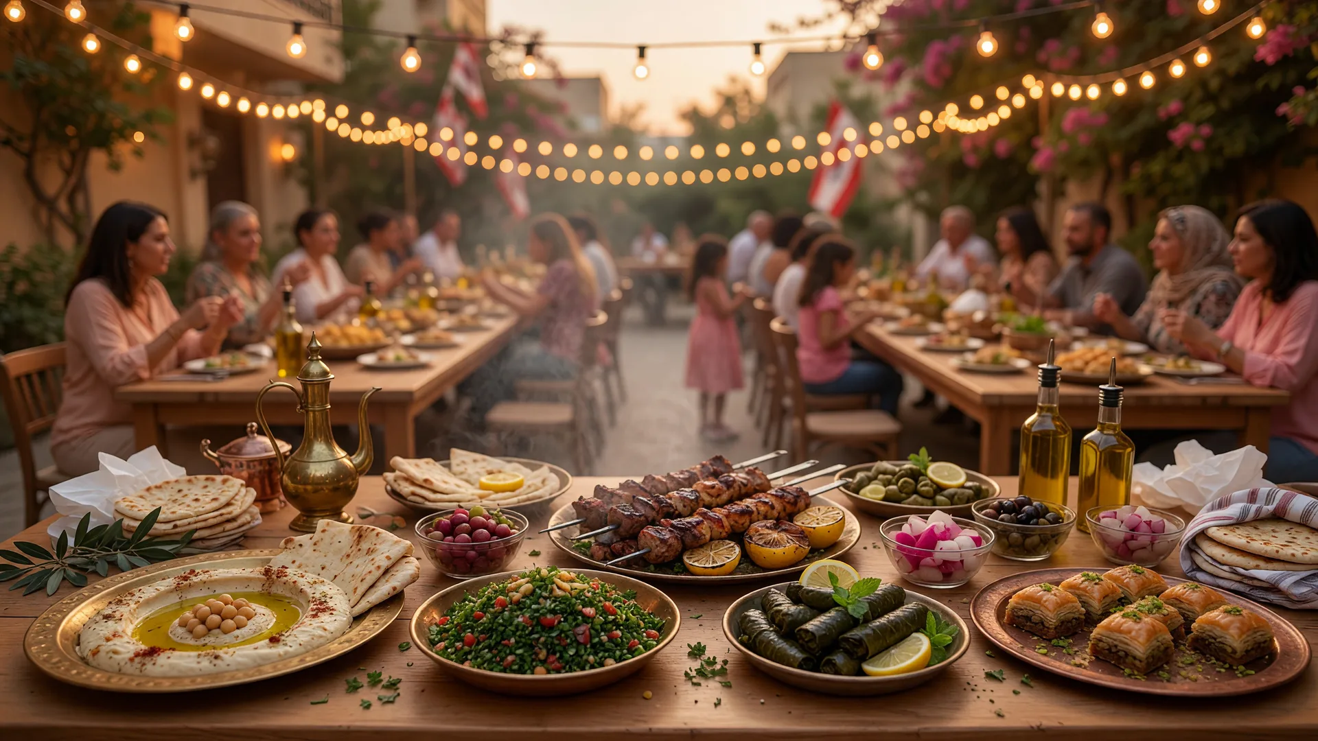 Long tables of Lebanese dishes including hummus, tabbouleh, grilled kebabs, and baklava under warm string lights at the Hafli food festival