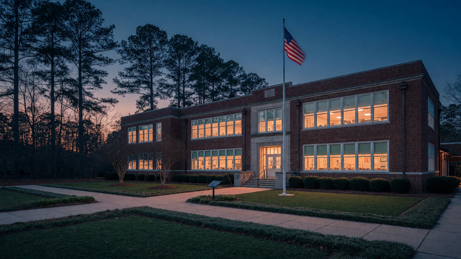 A red-brick school building glowing warmly at dusk among longleaf pines