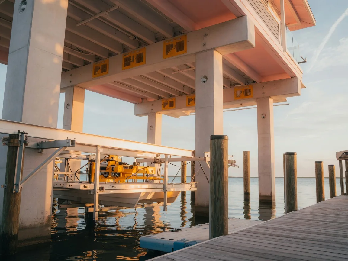 Looking up from the waterline at a luxury elevated Florida Keys home on tall concrete pilings in late afternoon light, flood vents and clean pilings above the calm canal, a boat lift and dock in the foreground