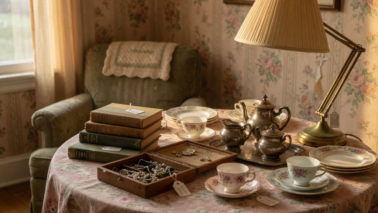 A warm editorial photograph of an estate sale table in a cozy Northwest Indiana living room with vintage china and silver marked with small paper price tags, soft window light, and a brass lamp