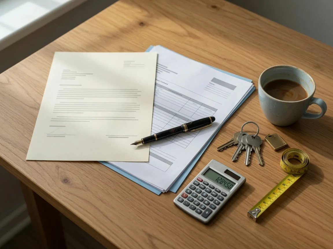 Overhead flat-lay of home-buying paperwork with a pre-approval letter, purchase contract, calculator, and house keys arranged on a wooden desk