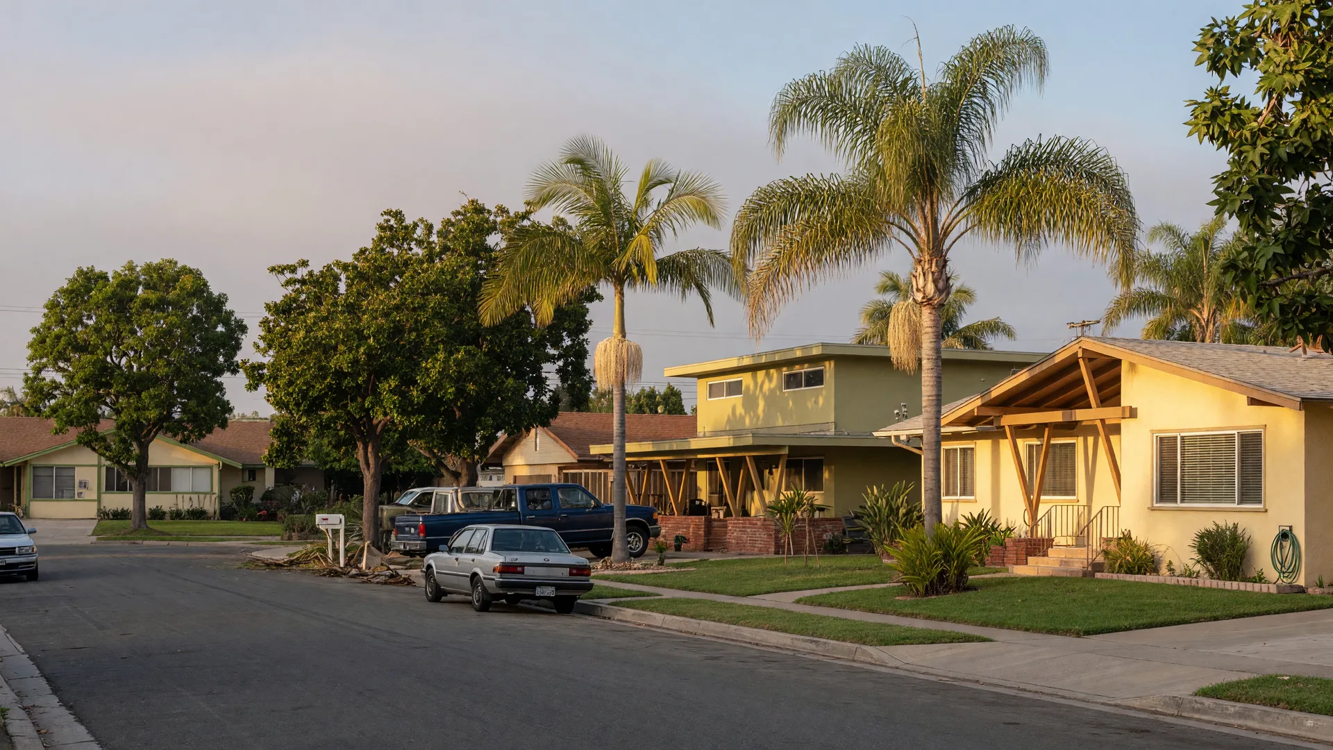 A tree-lined street of ranch homes in West Garden Grove, California, in late-afternoon light
