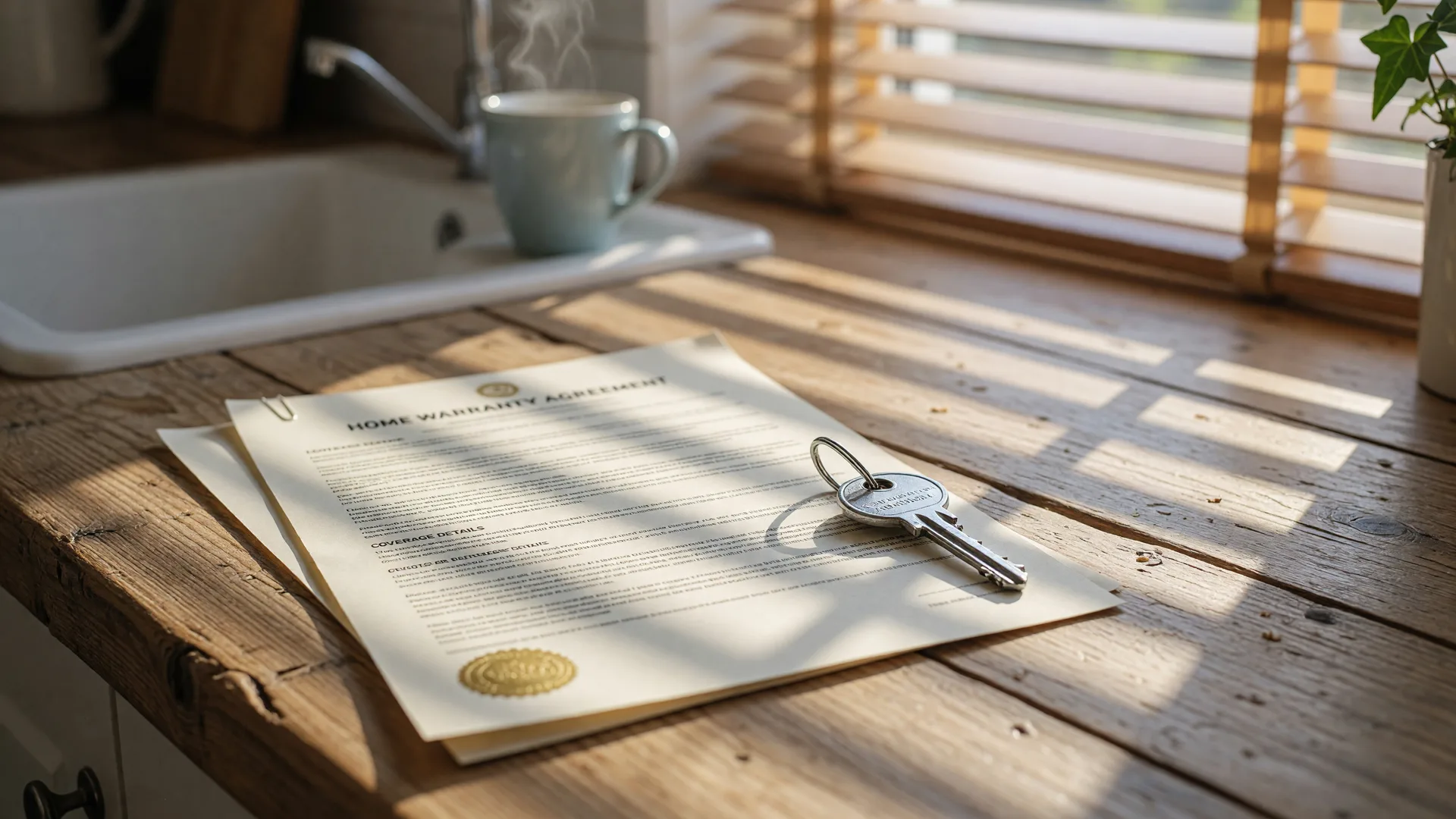 Home warranty document and house key resting on a wooden kitchen countertop, soft morning light casting gentle shadows