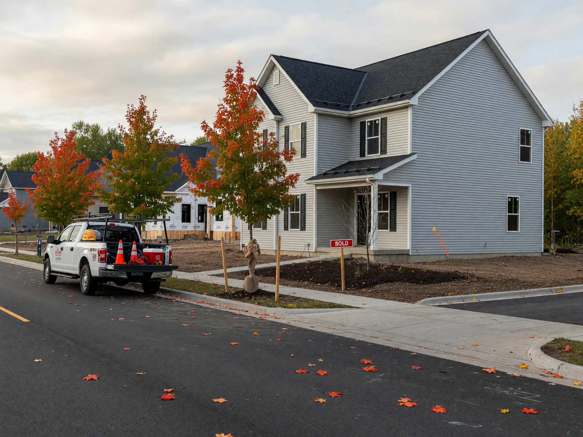 A newly built two-story home on a fresh street in central Minnesota, young maples showing early fall color beside the house