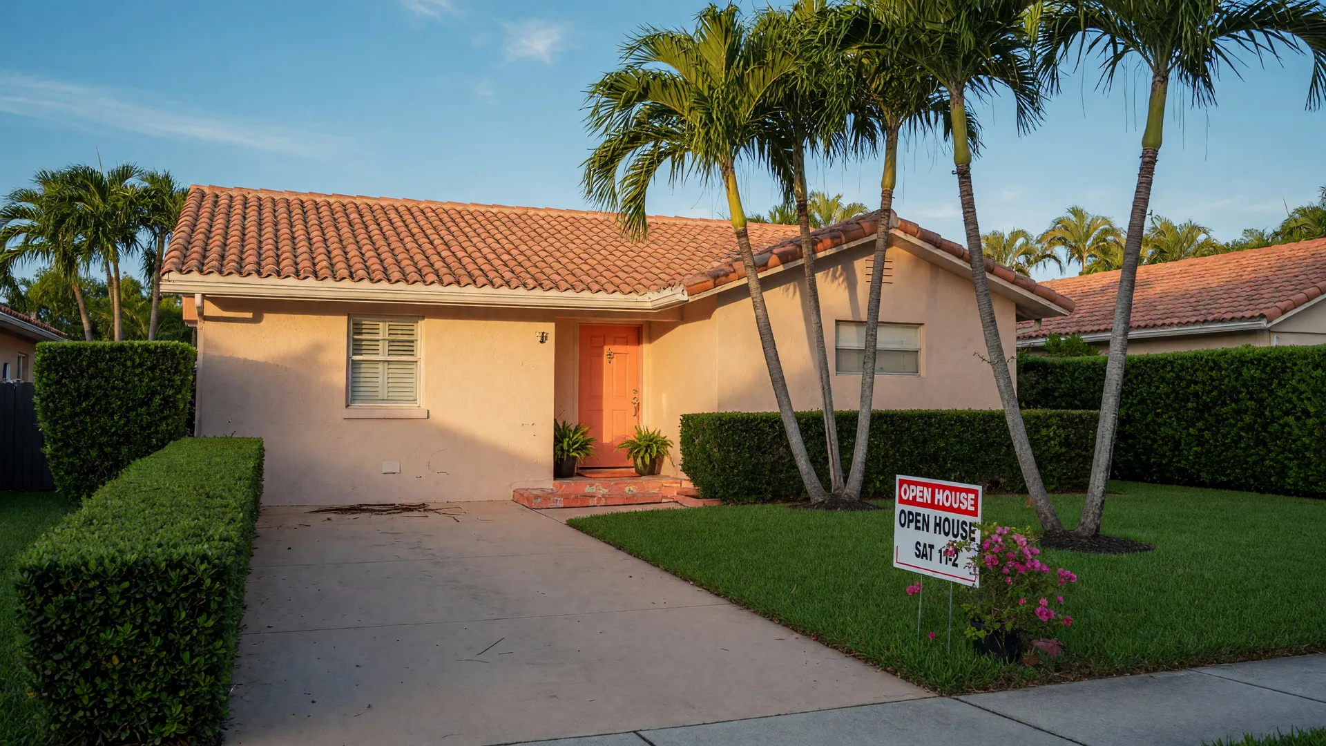 A South Florida home with an open house sign in the front yard on a sunny morning