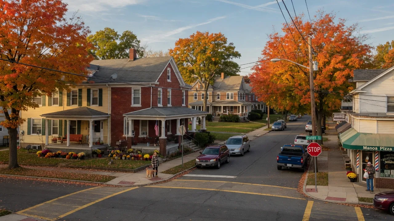 Brookline Boulevard and Darby Road intersection in Havertown with classic twin homes and local shops in autumn