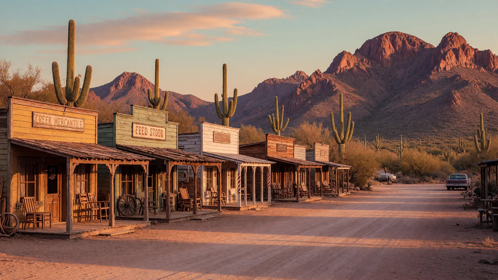 Historic Old West main street in Cave Creek, Arizona, with wooden storefronts and Sonoran Desert foothills behind