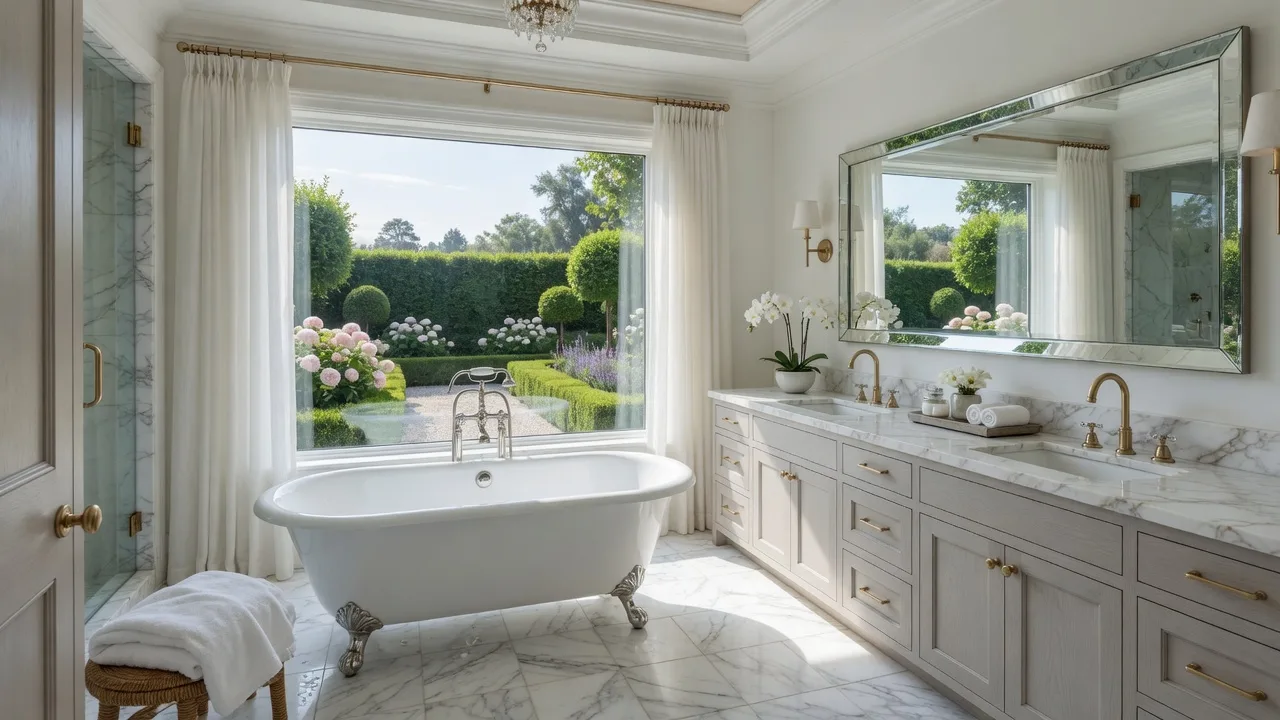 Luxurious master bathroom with freestanding soaking tub, marble floors, dual vanities, and garden view through a large window