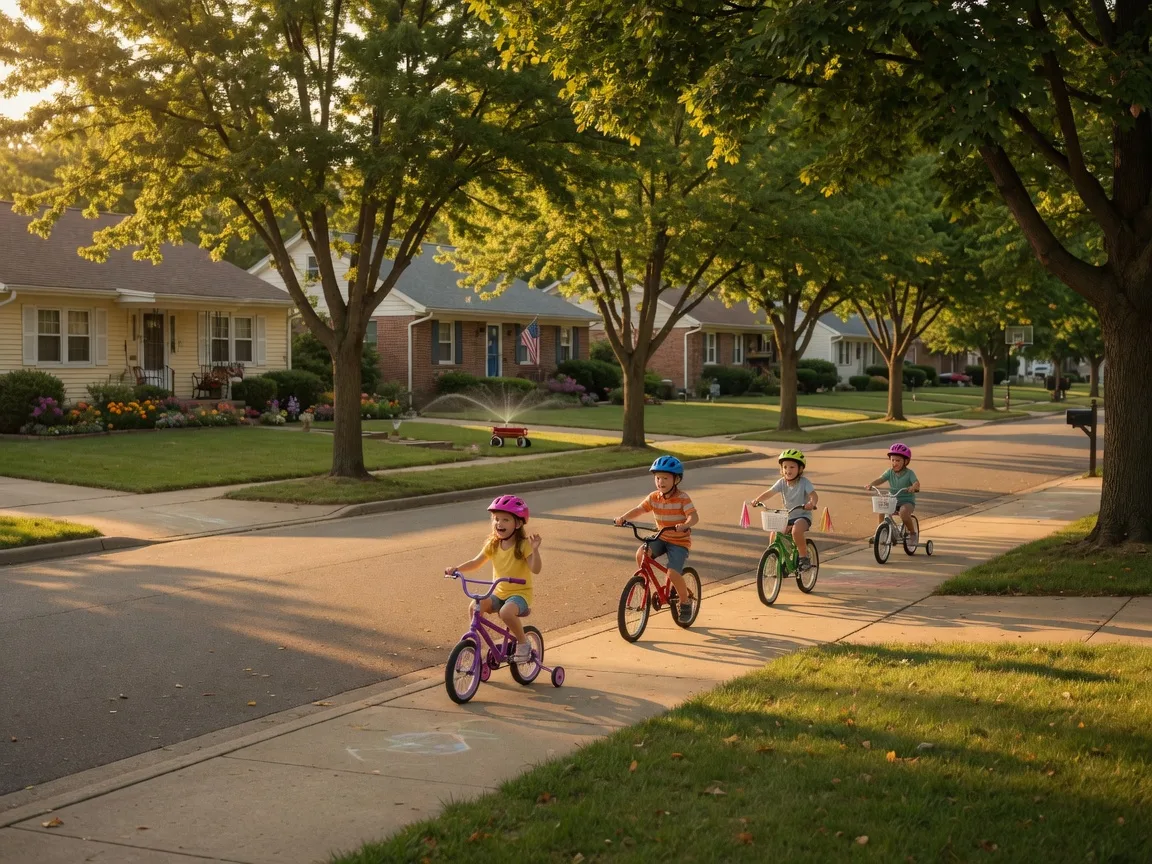 Children riding bikes on a tree-lined street in a safe family-friendly Olathe neighborhood