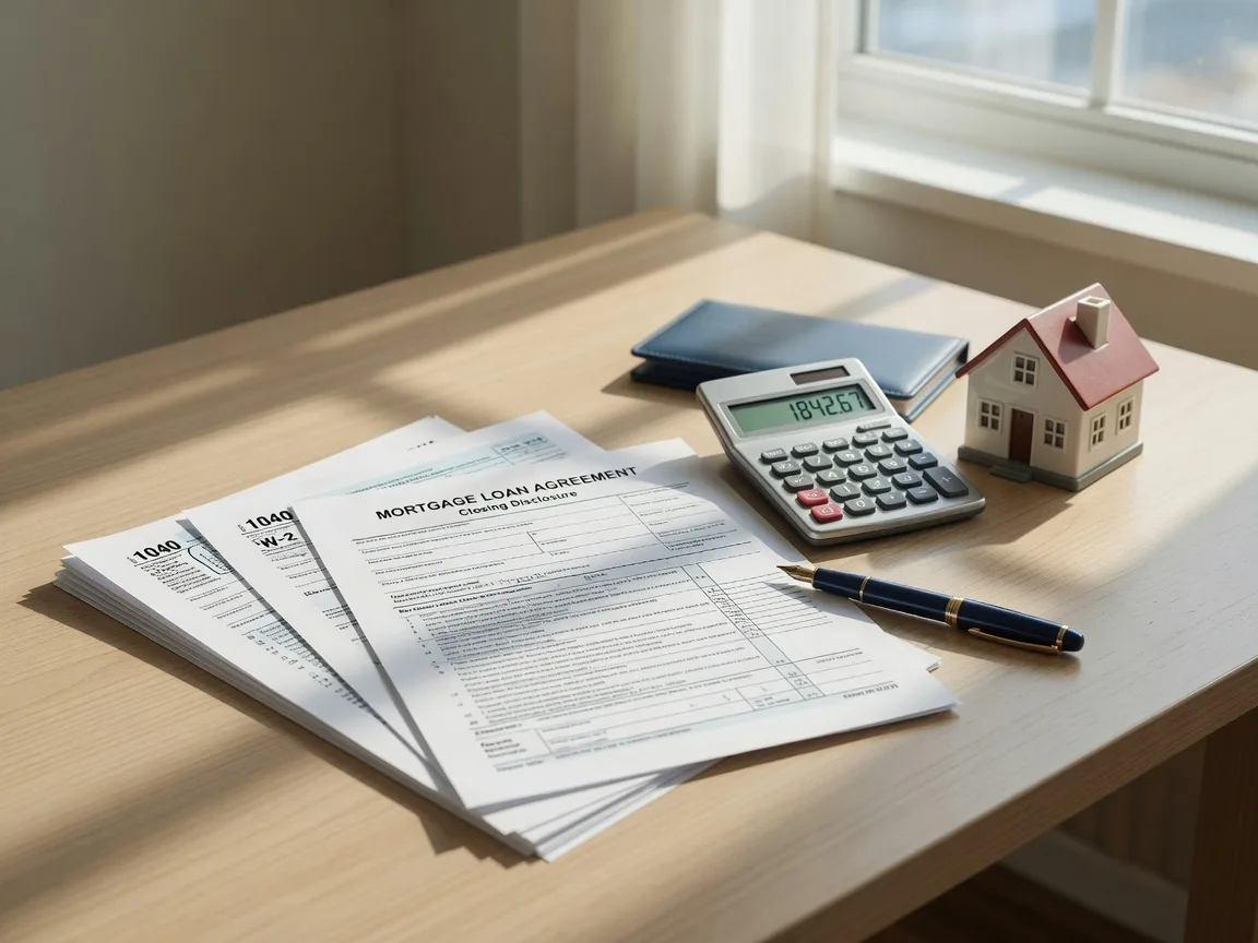 Mortgage documents, a calculator, and a small model house on a desk, representing the mortgage insurance premium deduction that is back for tax year 2026.