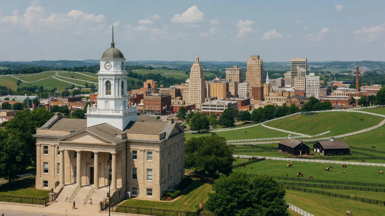 Lexington, Kentucky downtown skyline with the historic Fayette County courthouse and rolling Bluegrass horse country with white limestone fences in the distance